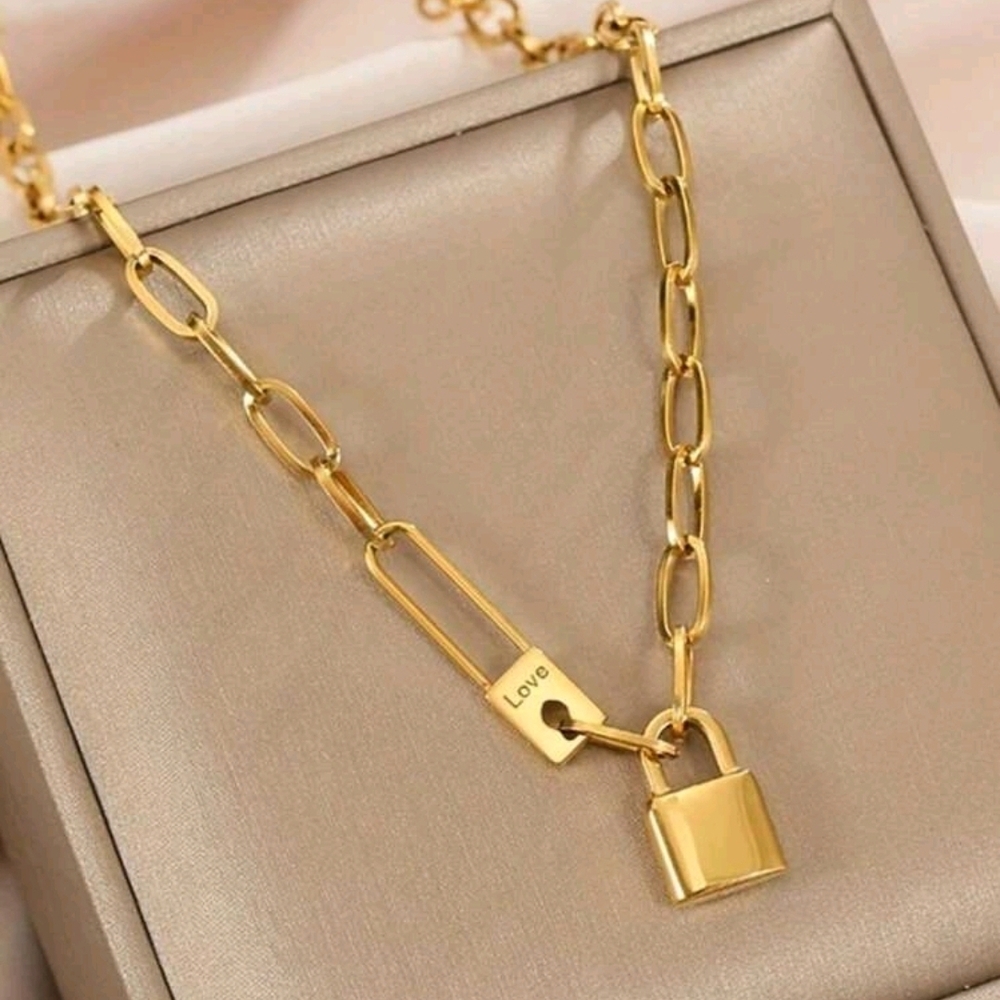 Gold Chain Necklace with Padlock Pendant